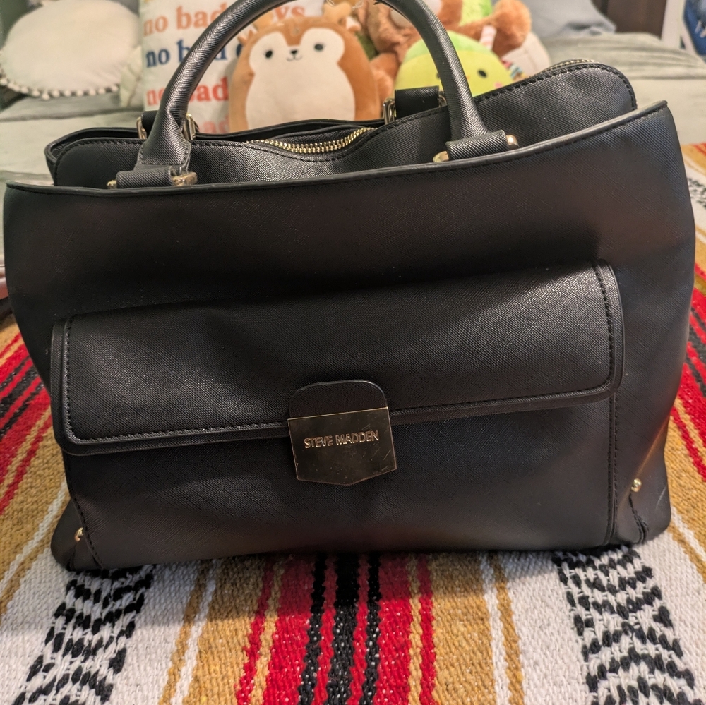 Steve Madden Black Structured Satchel Handbag w/ Top Handle & Zip Compartments